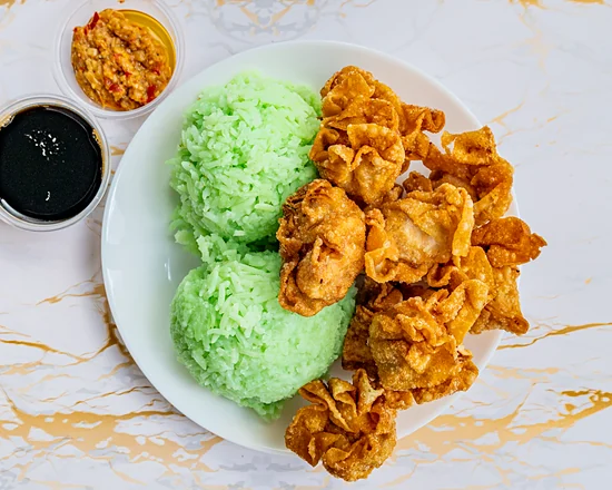Siomai rice: fried pork siomai with green pandan rice